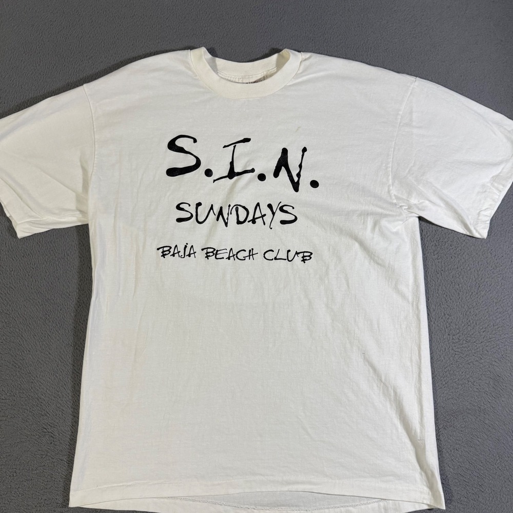 Vintage S.I.N. Sundays Baja Beach Club Omega Power Tee White XL Graphic T Shirt‎